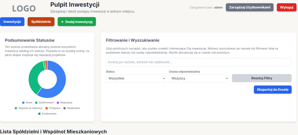 Screen przedstawiający program aplikacje dla firm (mini CRM) stworzony przez GRT Digital Presence
