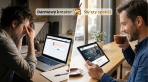 Dwóch mężczyzn - jeden załamany, próbujący po nocach samemu stworzyć stronę www firmy, a drugi zadowolony bo ma strone od GRT Digital Presence