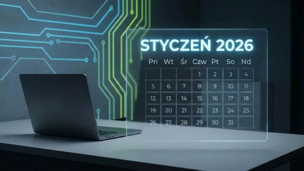 Laptop i holograficzny kalendarz styczeń 2026 jako czas na zmianę w Twojej firmie!